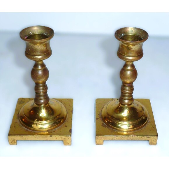 Pair of Vintage Solid Brass Seiden Candlesticks 5" Tall Square Base Needs Polish - Picture 3 of 6